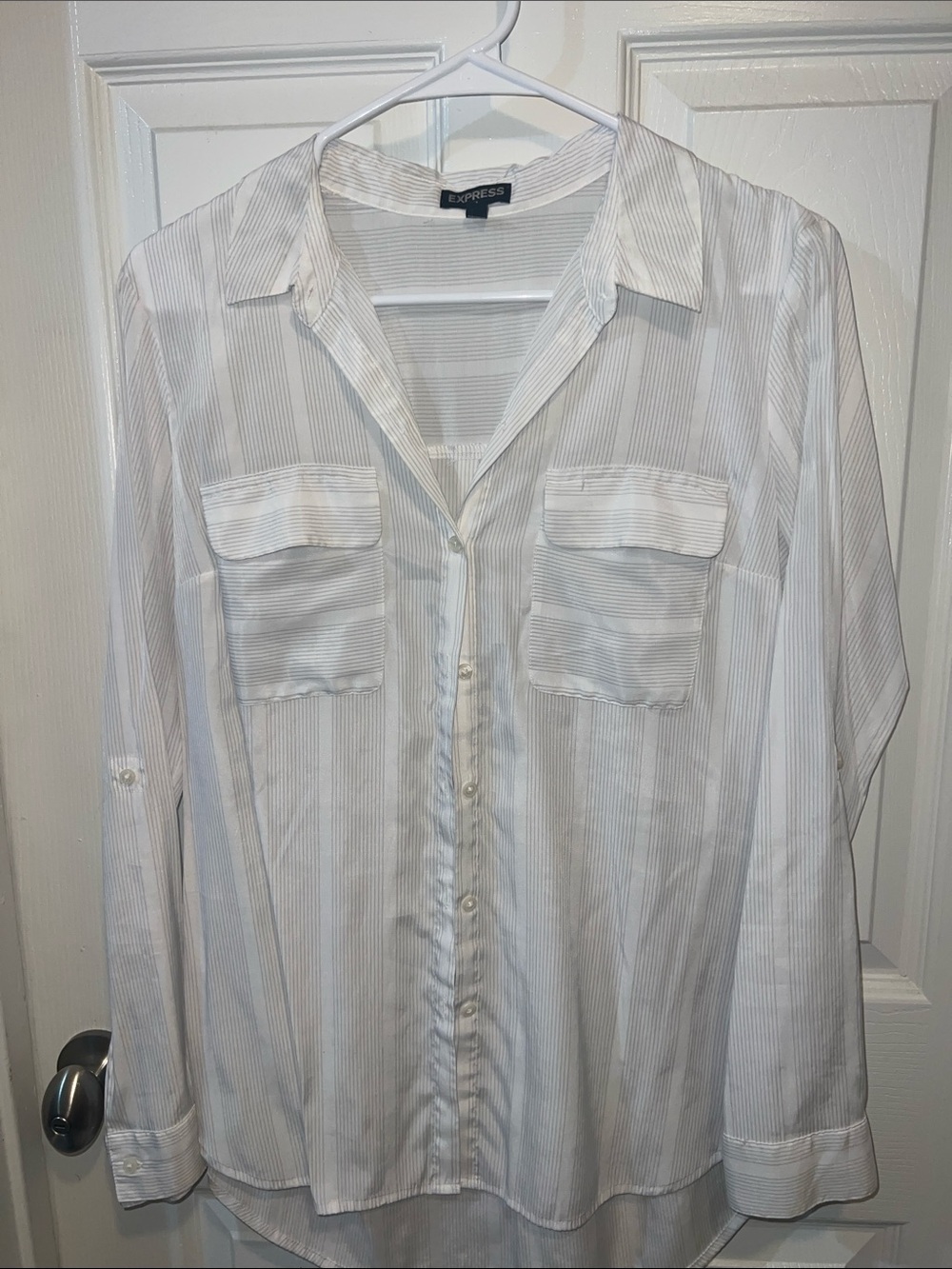 Express White and Light Gray Striped Men's Button-Down Shirt